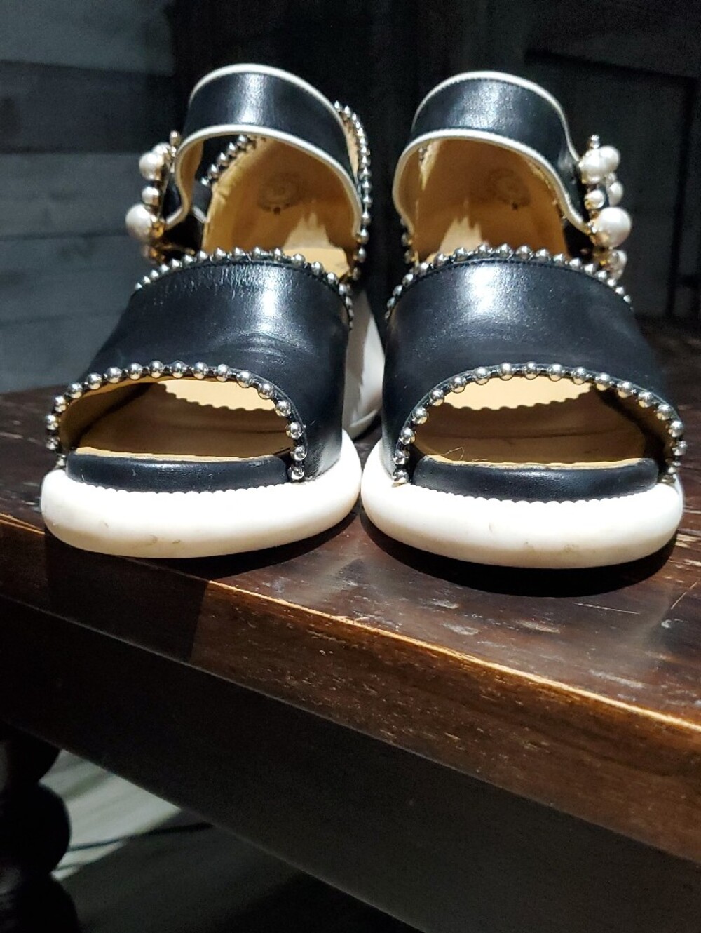 John Fluevog Black White Pearl-Embellished Leather Heels W Studs Platform Chunky - Picture 12 of 15